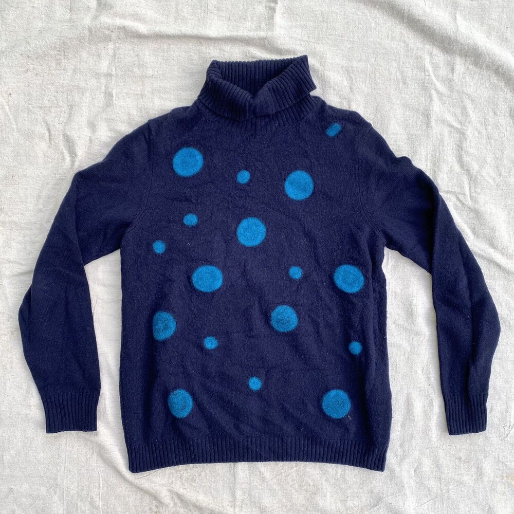 RODA Polka Dot Navy Blue Sweater 100% Wool Turtleneck Italy Large
